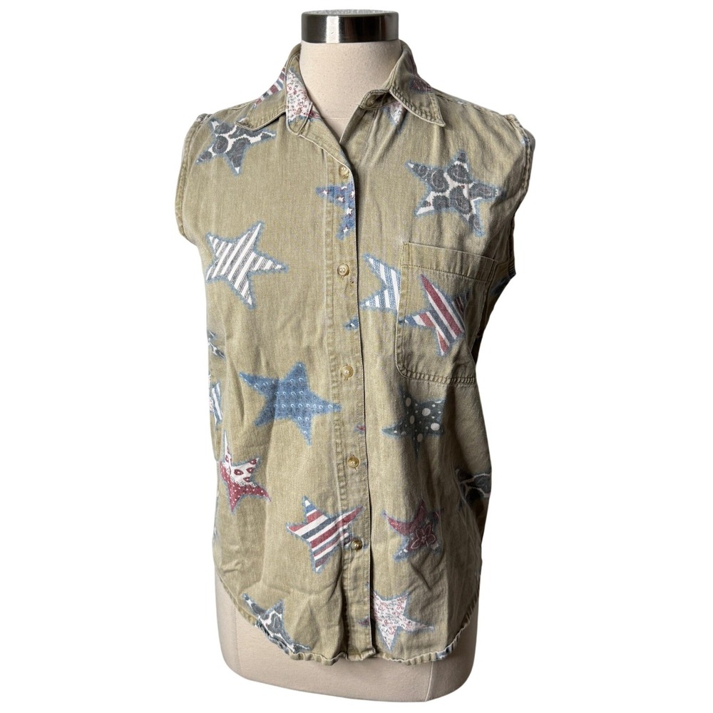 Vintage Quizz New York Americana Star Print Sleeveless Button‎ Up Top Size Small